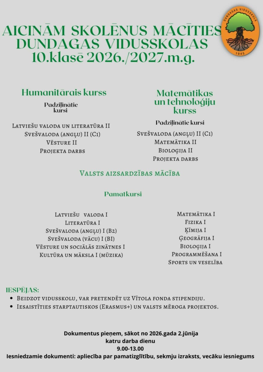 Plakāts ar informāciju par uzņemšanu Dundagas Vidusskolas 10. klasē 2026./2027. mācību gadā.