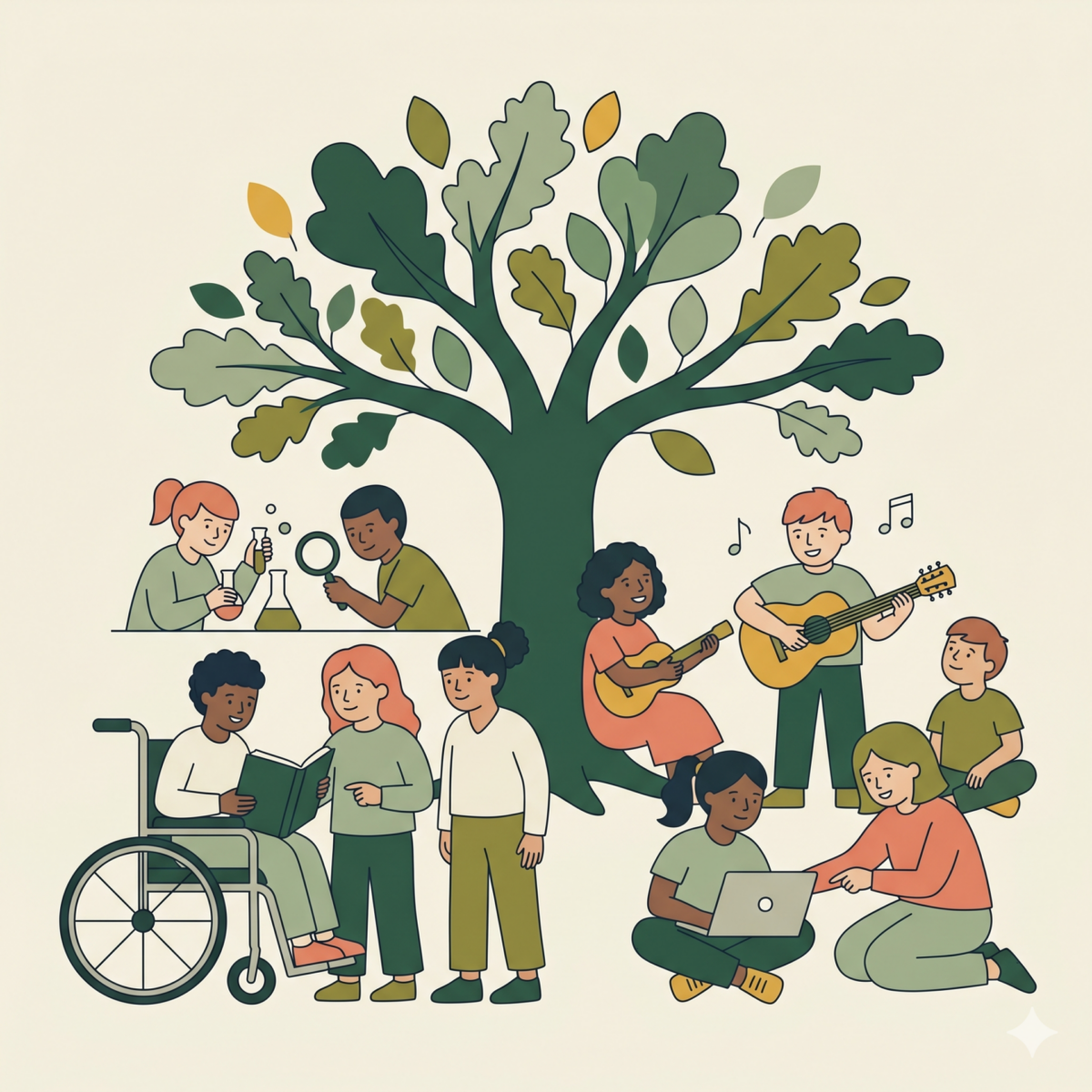 Ilustrācija, kurā attēlota daudzveidīga bērnu grupa, kas iesaistīta dažādās aktivitātēs ap lielu zaļu koku. Divi bērni veic zinātniskus eksperimentus ar kolbām un palielināmo stiklu, divi spēlē ģitāras, zēns ratiņkrēslā lasa grāmatu kopā ar citiem, un divi bērni strādā ar klēpjdatoru.