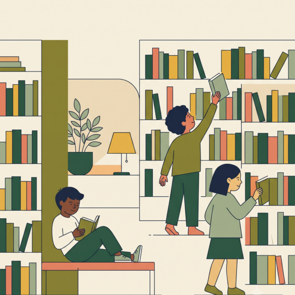 Ilustrācija ar trim bērniem bibliotēkā: zēns sēž uz soliņa un lasa, cits zēns sniedzas pēc grāmatas augstā plauktā, bet meitene pēta grāmatas zemākā plauktā. Visapkārt daudzi grāmatu plaukti.