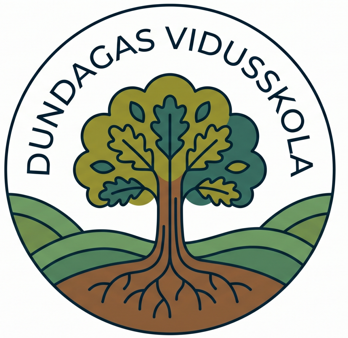 Logo ar tekstu DUNDAGAS VIDUSSKOLA, attēlojot stilizētu koku ar saknēm un lapām virs zaļiem pauguriem.